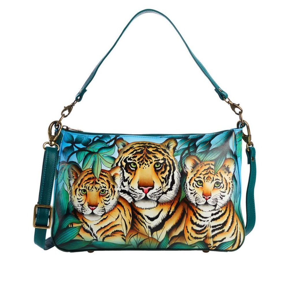 BRAND NEW! Anuschka Hand-Painted Leather Shoulder Bag New Tiger Family